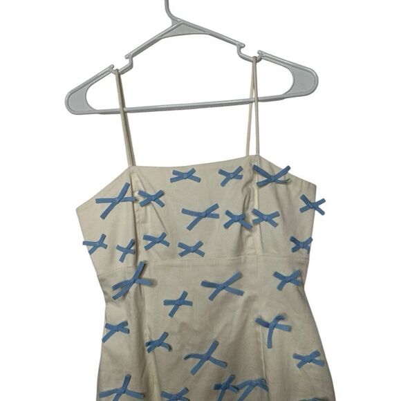 BHLDN Blue Bow Fitted Mini Dress Size 4 White Blue Cinderella Wedding Preppy - Picture 5 of 16